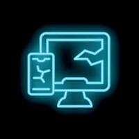 Neon icon of broken desktop computer screen and smartphone displaying cracks vector