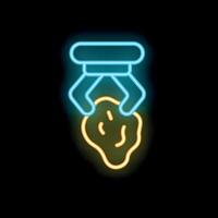Neon icon of robotic arm holding stone from asteroid mining vector