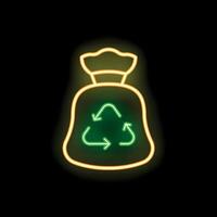 Neon icon of trash bag showing recycling symbol on black background vector