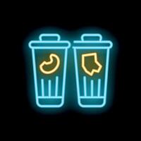 Neon trash and organic waste sorting bins icon glowing on dark background vector