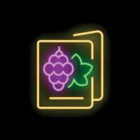 Glowing neon sign depicting grape juice pack on black background vector
