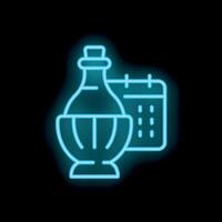 Neon bottle of wine with calendar icon glowing on dark background vector