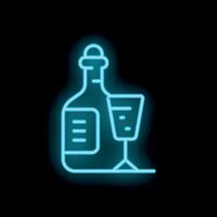 Neon sign showing wine bottle and glass on black background vector