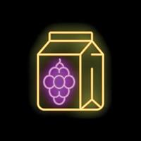 Glowing neon icon of a juice or milk carton box with a bunch of grapes on it vector