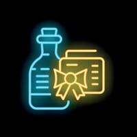 Neon icon of glass bottle with certificate representing winemaking award vector