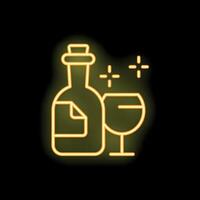 Neon sign showing bottle of wine with blank label and wineglass glowing on black background vector