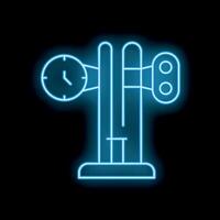 Glowing blue neon line train railway station clock information icon isolated on a black background vector