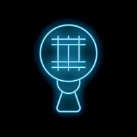 Blue neon style icon of a round hand mirror on a stand isolated on a black background vector