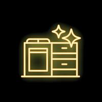 Neon kitchen countertop with shining stars on black background vector