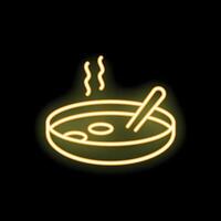 Neon sign of steaming soup bowl with spoon on black background vector