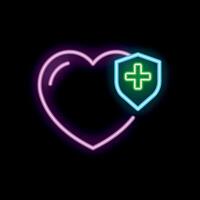 Neon heart with shield showing healthcare and wellbeing concept vector
