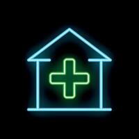 Glowing neon sign of a hospital building with a cross on black background vector