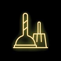 Neon toilet plunger and brush shining brightly on black background vector