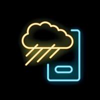 Neon weather app icon showing rain cloud over smartphone vector