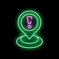 Neon green map pin glowing on a black background with a pink exclamation mark in the center vector