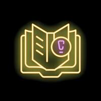 Neon yellow open book with copyright symbol glowing on black background vector
