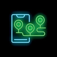 Smartphone showing gps route with location pins in neon style vector
