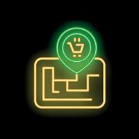 Neon green shopping cart geotag pin locating store on city map vector