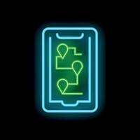 Neon glowing smartphone showing location tracking app on black background vector
