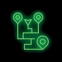 Neon green gps route with pins showing the way on a black background vector