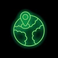 Green neon sign showing location pin on earth with clouds vector