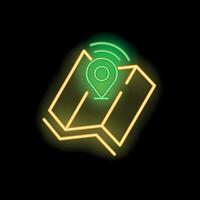 Neon map with location pin showing current position on black background vector