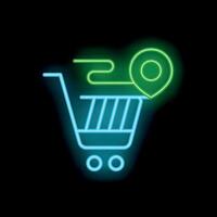Neon shopping cart icon with location pin representing online shopping vector