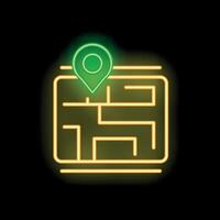 Neon sign showing location pin over map on a black background vector
