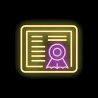 Neon icon of official certificate with approving stamp representing validation vector