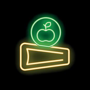 Glowing neon sign depicting apple over folded paper representing school lunch program vector