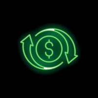 Green neon sign representing money circulation with rotating arrows on black background vector