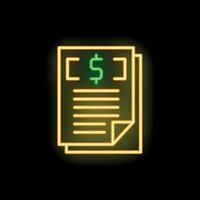 Neon icon of financial document with dollar sign glowing on black background vector