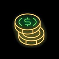 Neon style isometric stack of three dollar coins on black background vector