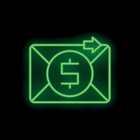 Neon green money envelope sending icon on black background vector