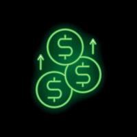 Green neon dollar coins increasing value with up arrows on black background vector