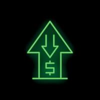 Neon green arrow pointing down with dollar sign inside on black background vector