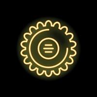 Neon icon of circular saw blade glowing yellow on black background vector