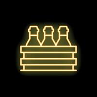 Glowing yellow neon sign of beer bottles in a wooden crate vector