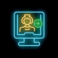 Glowing neon line medical icon of a nurse on a computer screen for online healthcare consultation vector