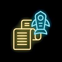Neon rocket launching from contract document symbolizing business start up vector