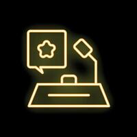 Neon icon of speech about quality on tribune with microphone vector