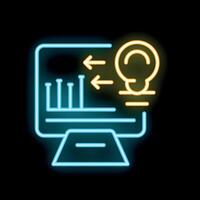Neon icon of computer showing market research with idea bulb and arrows vector