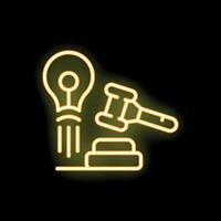 Neon icon of judge gavel striking down on sound block with light bulb behind vector