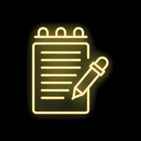 Neon yellow notepad and pencil icon glowing on black background vector