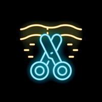 Neon scissors cutting through ribbon on black background vector