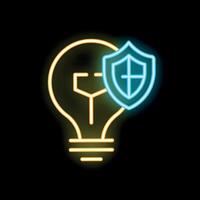 Neon shield protecting lightbulb icon for intellectual property rights vector