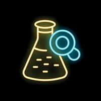 Neon icon of magnifying glass examining erlenmeyer flask vector