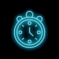 Neon blue alarm clock shining on black background vector