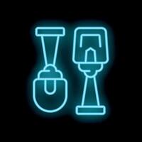 Neon icon of bucket with sand and tower crane on black background vector