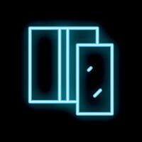 Neon style icon representing server with open cabinet doors glowing on black background vector